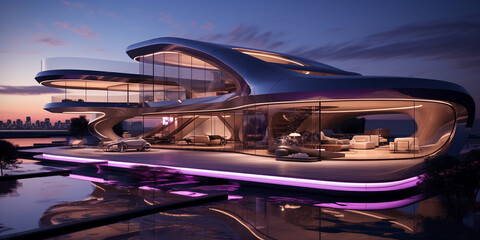 Obraz premium Edles luxuriöses Anwesen Haus mit moderner lila Beleuchtung in der Nacht, ai generativ