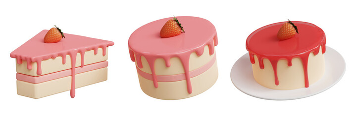 3d icon strawberry cake on transparent background