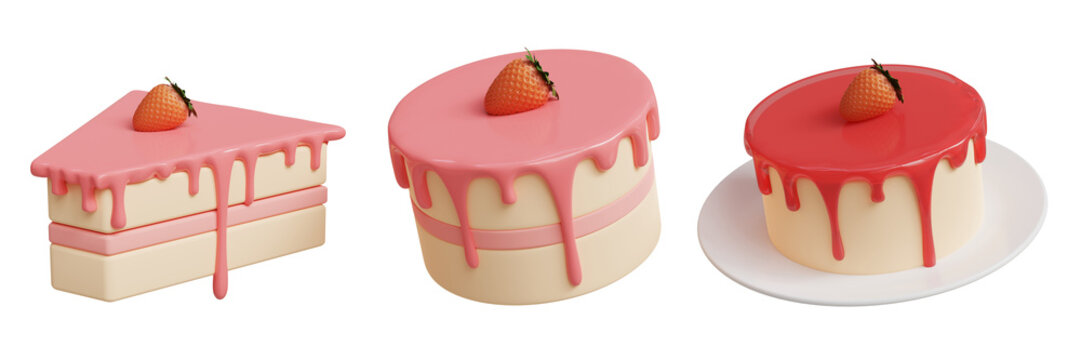 3d icon strawberry cake on transparent background
