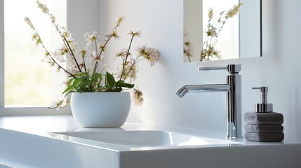Simplicity Redefined: Minimalist Bathroom with Sleek Faucet and Ceramic Sink Generative AI 8