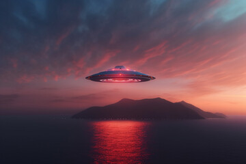 Naklejka na ściany i meble Mystical backdrop, Alien spaceship flies above sunset sea, red glowing sky Generative AI