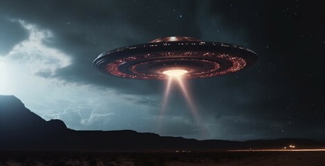 Fototapeta na wymiar Night sky intrigue, Alien spaceship UFO explores as moon watches Generative AI