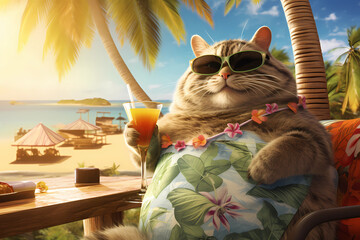 Fat cat wearing sunglasses in tropical outfit drinking cocktail on summer vacation Generative AI