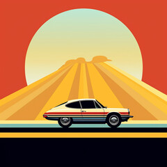 Fototapeta na wymiar Retro car poster on the road with a red and golden sunset as background. Minimalist style and simple poster design. 