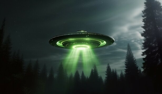 UFO phenomenon, Spaceship in night sky, green alien by forest witnesses Generative AI