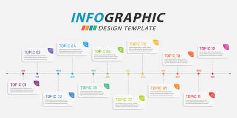 Timeline Creator infographic template. 12 months timeline journey, 1 year calendar infographics design template. presentation graph. Business concept with 12 options or steps, vector illustration.