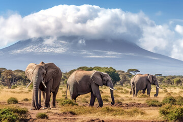 Naklejka na ściany i meble Elephants in Amboseli National Park. Generative AI