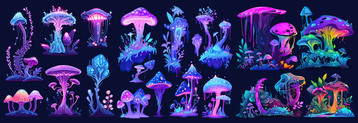 Obraz premium Fantasy flowers, fantasy jungle sparkling flowers, strange trees with glowing colorful leaves trees, and mushrooms from alien world or planet. Isolated on a black background. vector illustration