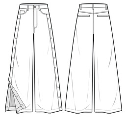 Wide Leg Flared Denim Jeans with Side Button Down Front and Back View. Fashion Flat Sketch Vector Illustration, CAD, Technical Drawing, Flat Drawing, Template, Mockup.