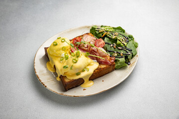 Delicious breakfast from the restaurant. Close up