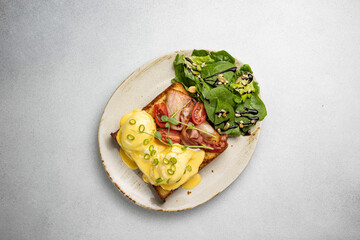 Delicious breakfast from the restaurant. Close up