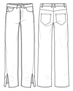 Women's Side Slit Denim Jeans Front and Back View. Fashion Flat Sketch Vector Illustration, CAD, Technical Drawing, Flat Drawing, Template, Mockup.