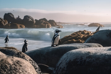 Naklejka premium Penguins at Boulders beach Cape Town daylight sea view