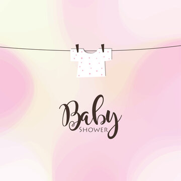 Baby girl showergreeting card for childbirth.Welcome baby.Hanging shirt vector illustration.