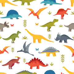 Vibrant Childish Seamless Pattern Featuring Cute and Playful Dinosaurs In Various Poses And Colors, Cartoon Illustration
