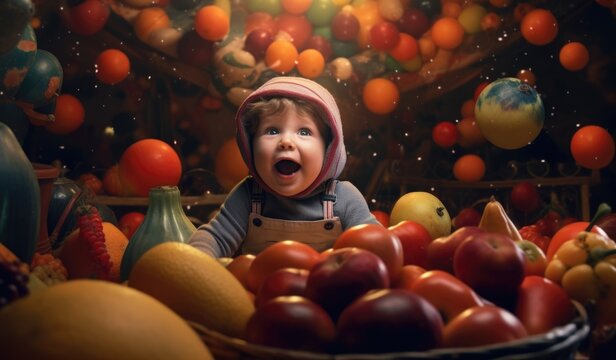 Healthy Kid Food - Child Eating Fruits and Vegetables for Vitamins