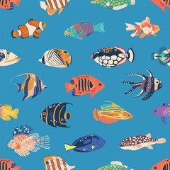 Vibrant Seamless Pattern Featuring Variety Of Colorful Sea Fishes Creating Lively And Playful Design Vector Illustration