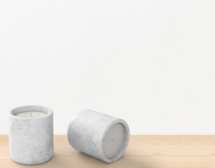 3D illustration. Candle mockup isolated on wooden background