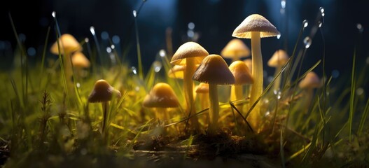 Psilocybe Cubensis Golden Ticher Mushrooms in Grass - Enchanting Macro Photo