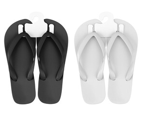 3D illustration. Black and white flipflop mockup with label isolated on white background. Top view