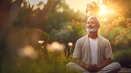  mature senior man meditating in a peaceful garden at dawn