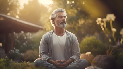 mature senior man meditating in a peaceful garden at dawn