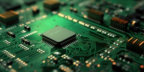 Obraz premium Macro Shot of a Green Electronic Circuit Board with Microprocessor