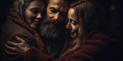 Polyamorous Love: Three People Embrace in the Dark
