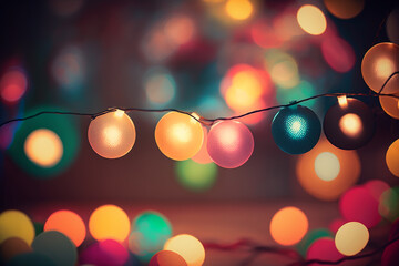 festive background with glowing colorful light bulbs and bokeh, AI generation