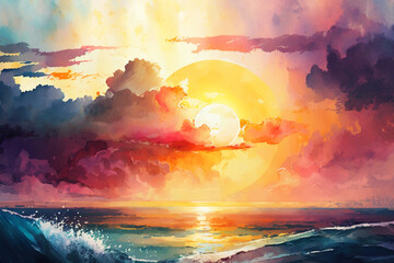 watercolor drawing of sunset over the sea, AI generation