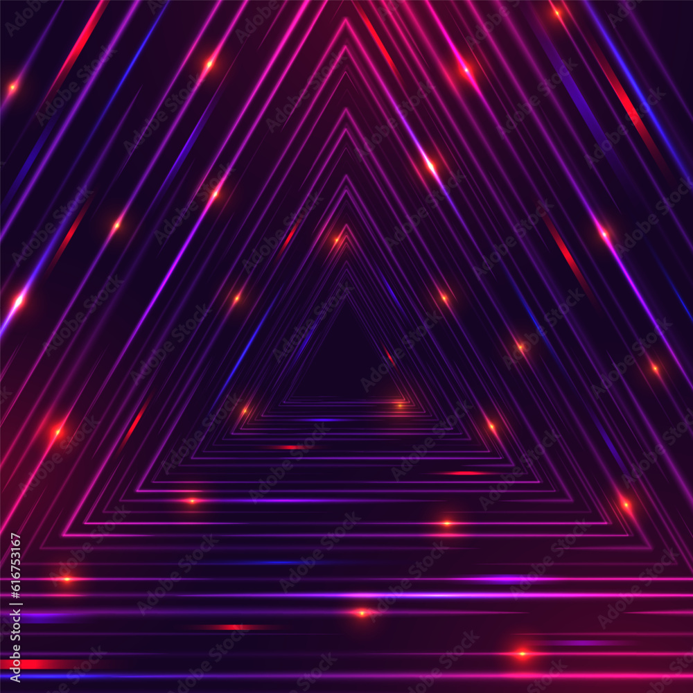 Sticker triangle portal with light effects. neon tunnel. abstract technology background. vector illustration