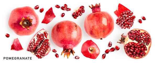 Pomegranate fruits creative layout isolated on white background.