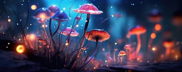 Neon Dreamlike Magic Mushrooms in a Fantasy Forest