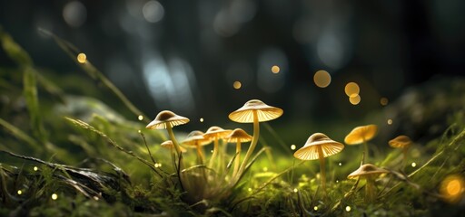 Golden Psilocybe Cubensis Mushrooms Growing in Forest Grass