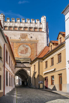 Medieval town gate with painting in Prachatice , renaissance town in Bohemia