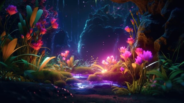 Fototapeta Enchanting Neon Jungle Plants in a Dreamlike Landscape
