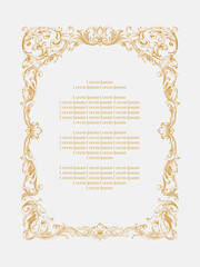 Vector vintage frame; ornate floral vignette for design template. Victorian style gold element. Baroque motifs. Ornamental swirl illustration for invitation, wedding, greeting card.