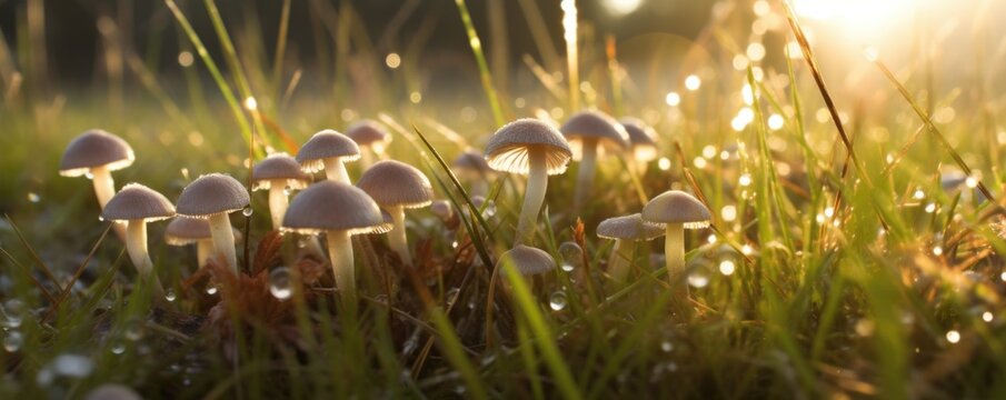 Psilocybe Cubensis Golden Ticher Mushrooms in Grass at Sunset