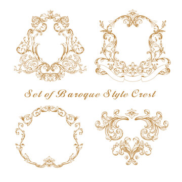 Set of Premium gold vintage baroque frame ornament engraving crest floral.