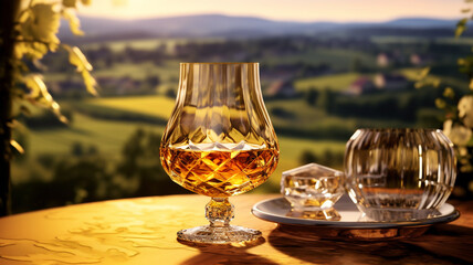 Obraz premium Glass of cognac in a hotel in the background of nature, alcoholic concept, expensive drink