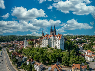 Naklejka na ściany i meble Aerial view of the hilltop Albrechtsburg in Meissen Saxony with restored Gothic palace and cathedral