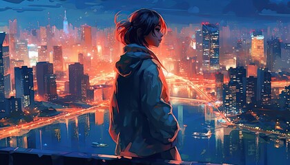Anime painting  of a woman looking at the city at night