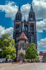 Aerial view of the hilltop Albrechtsburg in Meissen Saxony with restored Gothic palace and cathedral