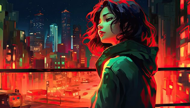 Anime painting  of a woman looking at the city at night