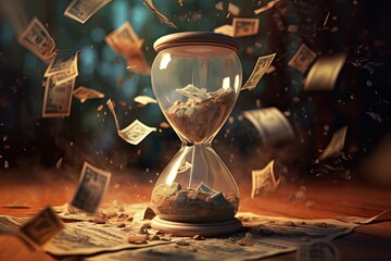 Hourglass with green dollar bills falling through. Time is money concept.