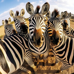Fototapeta na wymiar Captivating aerial view of cheerful zebras taking a group selfie, evoking fun and amusement, perfect for creating an emotional connection with audiences. Generative AI