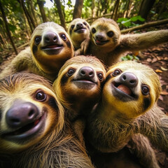 Fototapeta premium Captivating selfie of adorable, cuddly sloths in a group from above, creating a delightful and amusing scene sure to evoke positive emotions. Generative AI