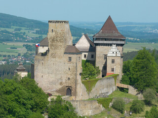 Obraz premium Aerial view of Lipnice nad Sázavou Castle in Czechia built in late Gothic and Renaissance style, rectangular Samson tower keep serves as observation deck