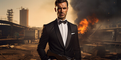 Mann im Smoking Anzug im Stil von James Bond mit einer Fabrik und Feuer im Hintergrund, ai generativ