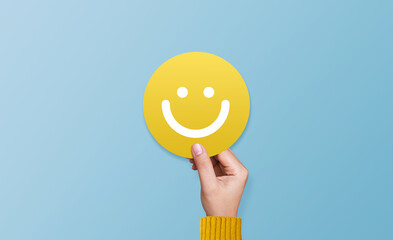 Customer show speech balloon with smile emoticon for rating. Service rating, feedback, satisfaction...